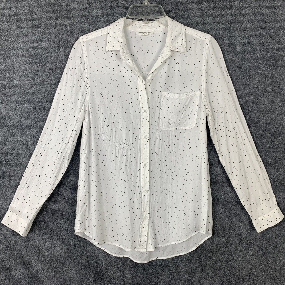 Beach Lunch Lounge Button Up Shirt Women Size M White W/ Tiny Black Stars